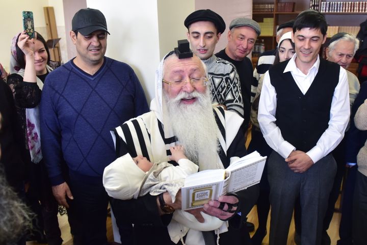 A Jewish religious male circumcision ceremony performed by the Stavropol regional Jewish community at the Pyatigorsk synagogue in Russia.