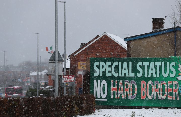 A Sinn Fein billboard calling for 'No Hard Border' on display in Belfast.