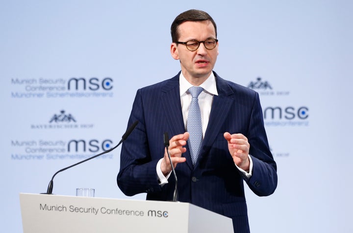 Polish Prime Minister Mateusz Morawiecki made his controversial comment at an international conference on security in Munich, Germany, Feb. 17, 2018.