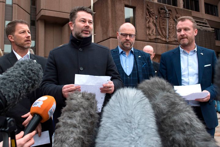 Abuse survivors of former football coach Barry Bennell - Steve Walters, Gary Cliffe, Chris Unsworth and Micky Fallon - speak outside Liverpool Crown Court.