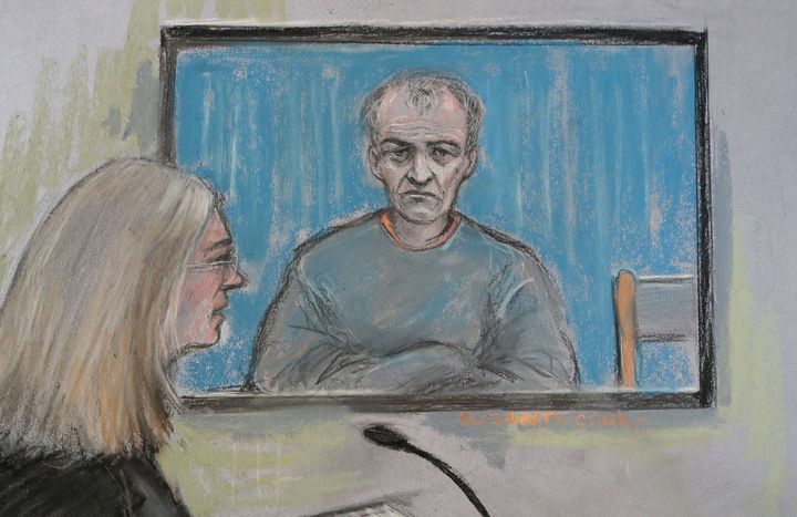 Court artist sketch of former football coach Barry Bennell appearing via video link.