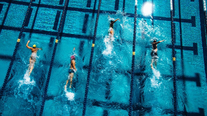 Stock photo of swimmers in pool. 