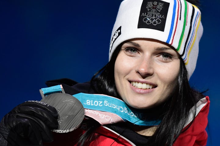 Austria's silver medalist Anna Veith on the podium after the women's Alpine skiing Super-G on Feb. 17. Her ability to compete after getting married was questioned by one NBC commentator.