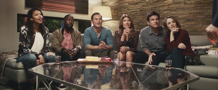 Kylie Bunbury, Lamorne Morris, Billy Magnussen, Sharon Horgan, Jason Bateman and Rachel McAdams in "Game Night."