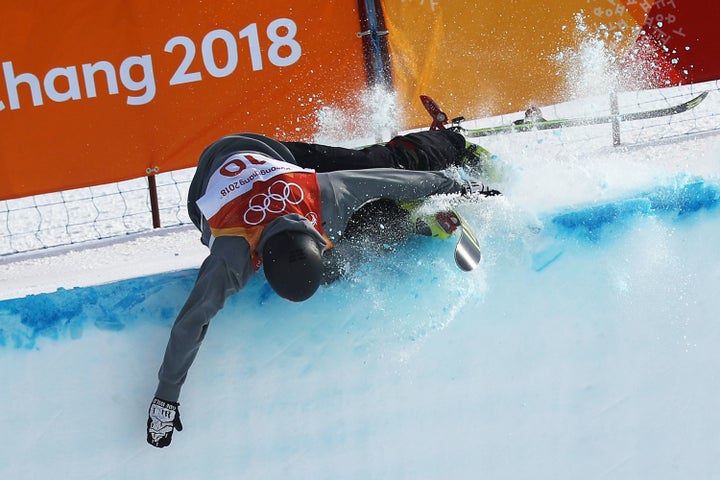 Joel Gisler of Switzerland hit the top of the wall during the halfpipe event at the Winter Olympics.