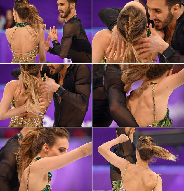 Photos show France's Guillaume Cizeron performing with Gabriella Papadakis as the back fastening of her costume came undone during the ice dance short dance of the figure skating event during the Pyeongchang 2018 Winter Olympic Games on February 19, 2018.