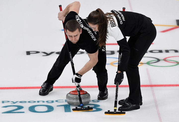 Alexander Krushelnitsky and Anastasia Bryzgalova, Olympic athletes from Russia, in the bronze medal match of the 2018 Winter Olympics on Feb. 13, 2018.