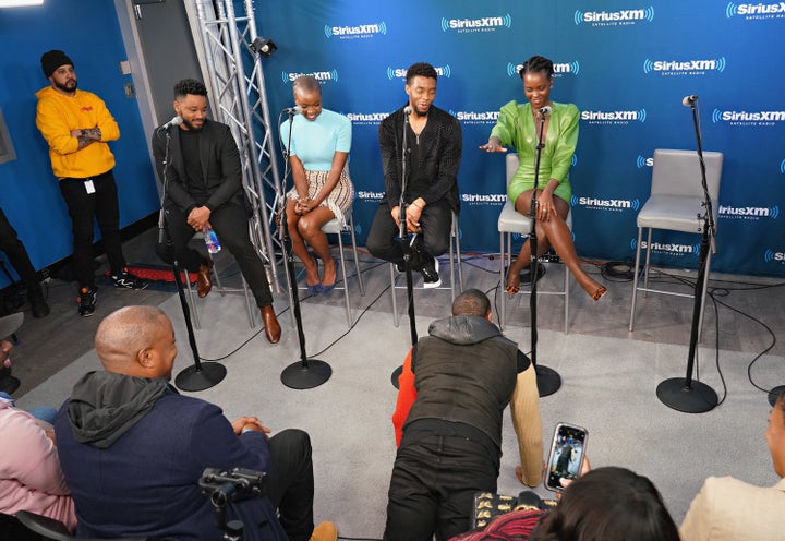 Ryan Coogler and actors Danai Gurira, Chadwick Boseman, Lupita Nyong'o and Michael B. Jordan at a SiriusXM event.