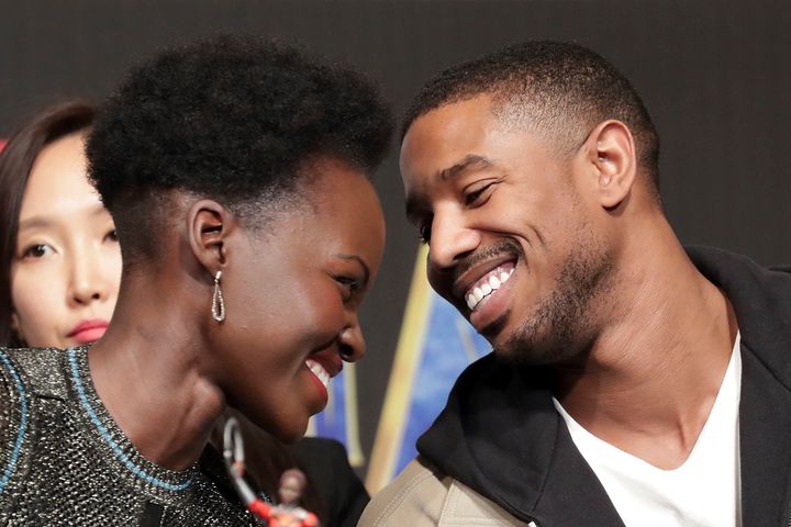 Lupita Nyong'o and Michael B. Jordan at a press conference for the Seoul premiere of "Black Panther."