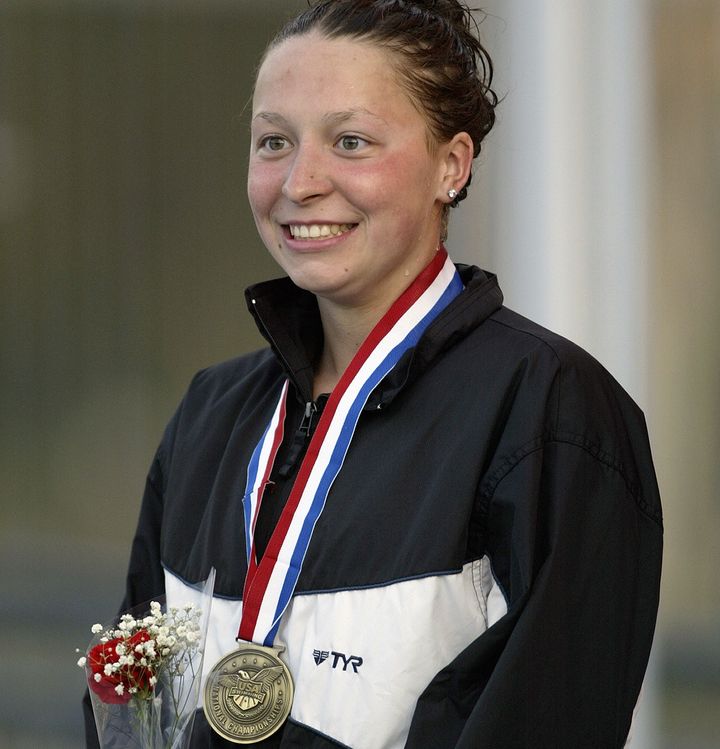 Kukors with her medal after winning the 200-meter individual medley at the ConocoPhillips National Championship on Aug. 7, 2005, around the time she says Hutchison began abusing her.