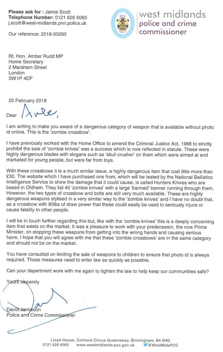 David Jamieson's letter to the Home Office, sent on Tuesday