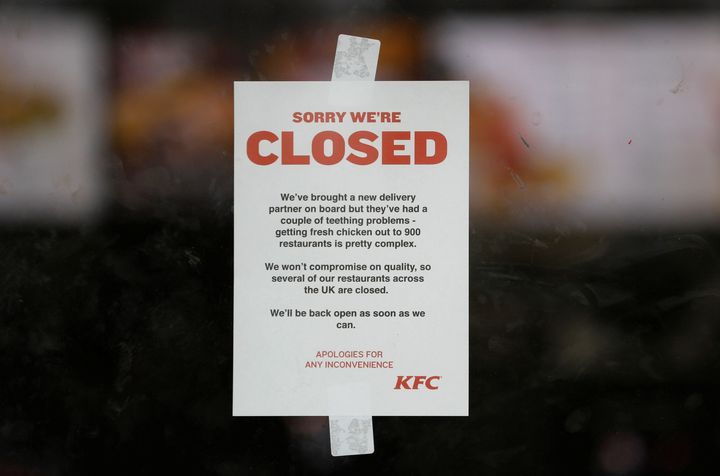A sign announcing a KFC restaurant's closure is seen in Coalville, England, on Monday.
