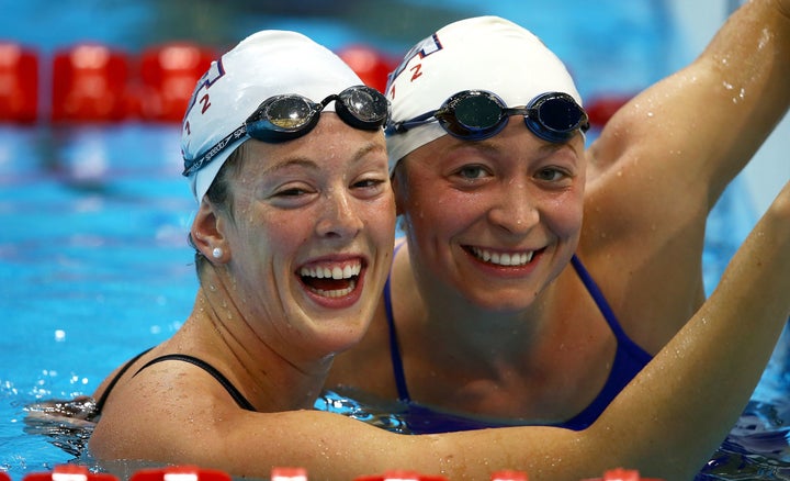 Kukors with her teammate, Allison Schmitt, during a training session ahead of the London Olympic Games on July 24, 2012.