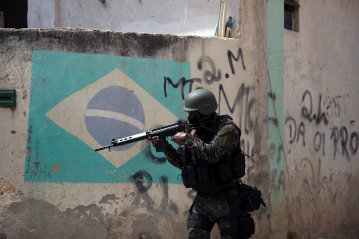 A Brazilian army soldier patrols the Barbante favela, in Rio de Janeiro, in November 2017. 