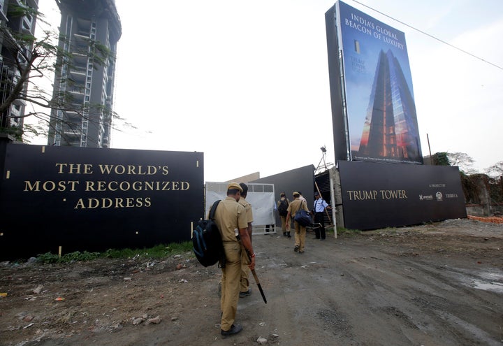 Policemen enter the premises of a construction site of Trump Tower, a luxury apartment building, ahead of the visit of Donald Trump Jr. in Kolkata, India, Feb. 20, 2018.