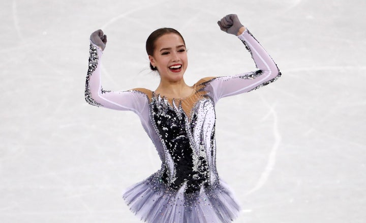 Alina Zagitova celebrates her Olympic success.