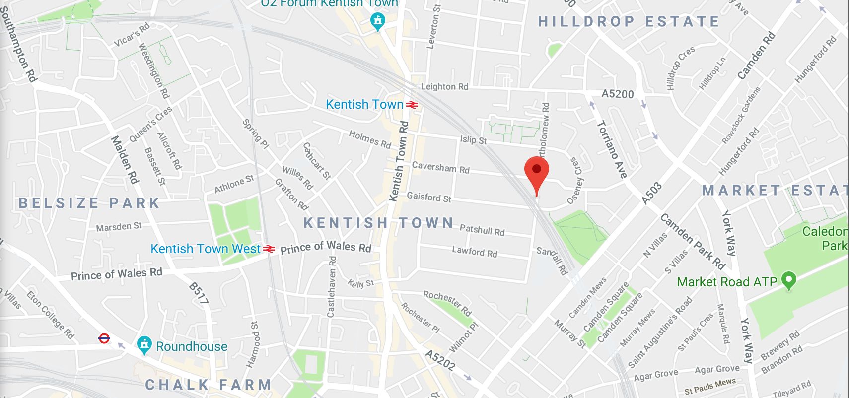 <strong>The two stabbing happened less than a mile from each other, with one occurring on&nbsp;Bartholomew Road, (red marker) and the second on Malden Road, in Belsize Park&nbsp;</strong>