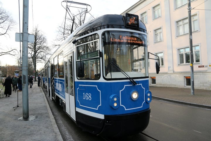 A tram in Tallinn, where public transport is free for city residents.