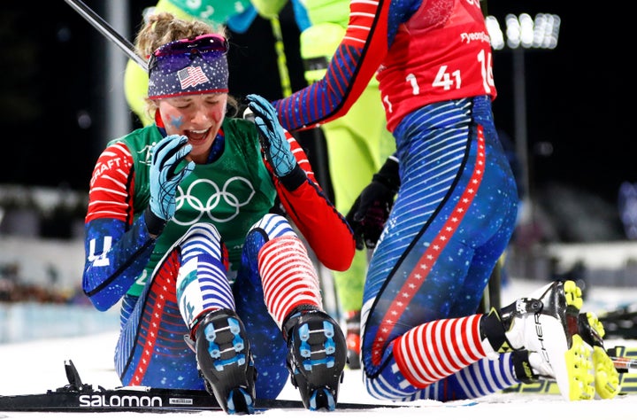 Jessica Diggins of the U.S reacts after winning. 