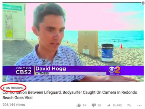 A video suggesting David Hogg is a paid actor reached No. 1 on YouTube's trending page on Wednesday.