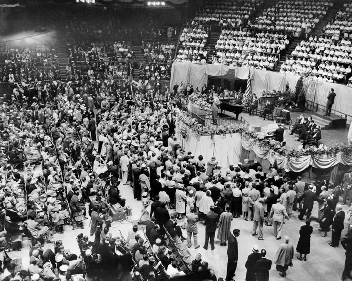 Billy Graham preaches at Madison Square Garden in New York on May 20, 1957.