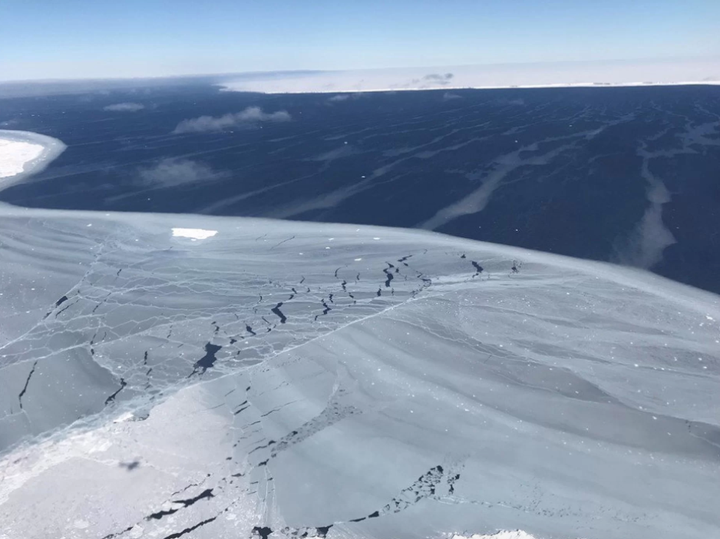 Looking out from the sea ice to iceberg A68, around November 2017, just months after the berg calved from Antarctica’s Larsen C Ice Shelf in July. 