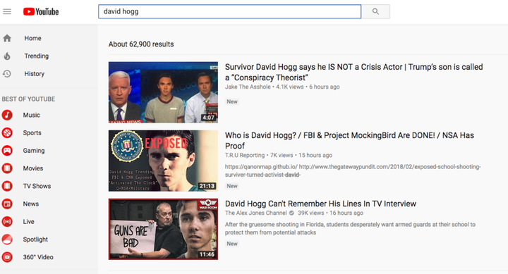 The top search results for "David Hogg" as of Wednesday afternoon.