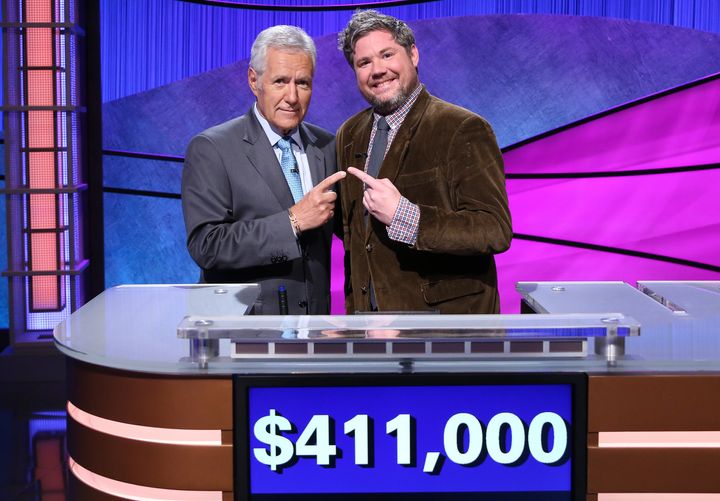 "Jeopardy!" host Alex Trebek and contestant Austin Tyler Rogers, who took home $463,000 after appearing on the show.