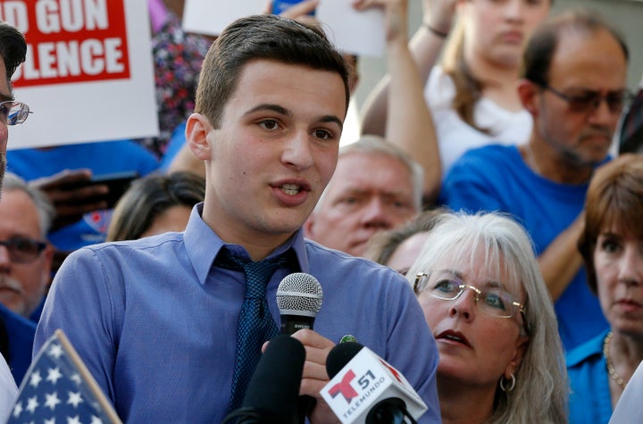 Marjory Stoneman Douglas High School student Cameron Kasky speaks at a rally for gun control at the Broward County Federal Courthouse in Fort Lauderdale, Florida, on Feb. 17, 2018. 