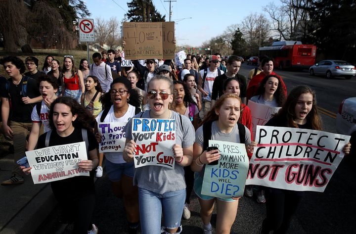 Students from Montgomery Blair High School march down Colesville Road in support of gun reform legislation February 21, 2018 in Silver Spring, Maryland. Next month, a bigger student-organized gun control march is planned in Washington D.C. and several other cities.
