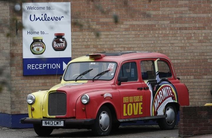 A branded taxi stands outside Unilever's Marmite factory in Burton upon Trent.