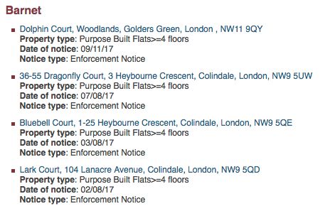 <strong>An example of how London Fire Brigade lists buildings that have failed fire safety checks, from Barnet in north London</strong>