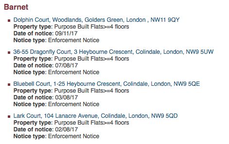 An example of how London Fire Brigade lists buildings that have failed fire safety checks, from Barnet in north London
