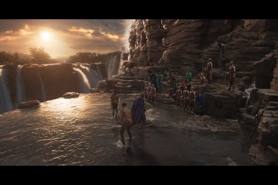 T'Challa and Killmonger battle on the edges of a Wakandan waterfall