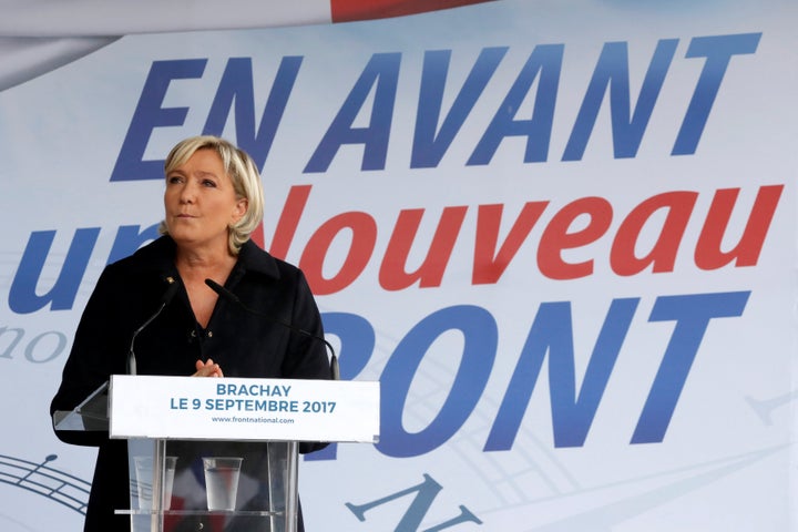 Marine Le Pen delivers a speech at a political rally on Sept. 9.