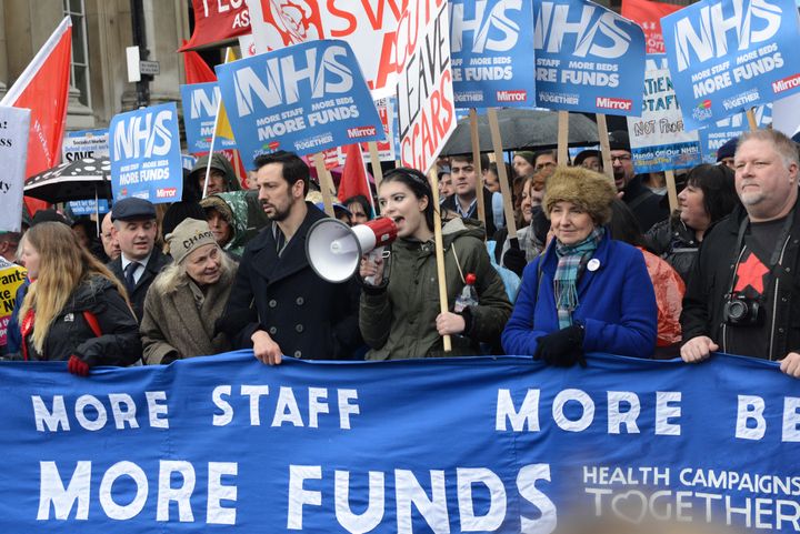 The reduced availability of EU workers have 'aggravated existing staff shortages', such as in the NHS; a protest earlier this month in London is pictured above
