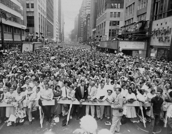 The crowd gathered in Times Square to hear Billy Graham preach, Sept. 3, 1957.