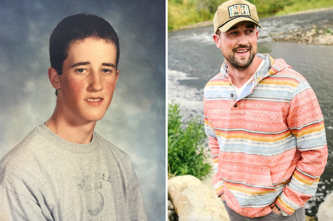 Left: Austin Eubanks' yearbook photo while at Columbine High School. Right: Eubanks today. He runs an addiction treatment center in Colorado.