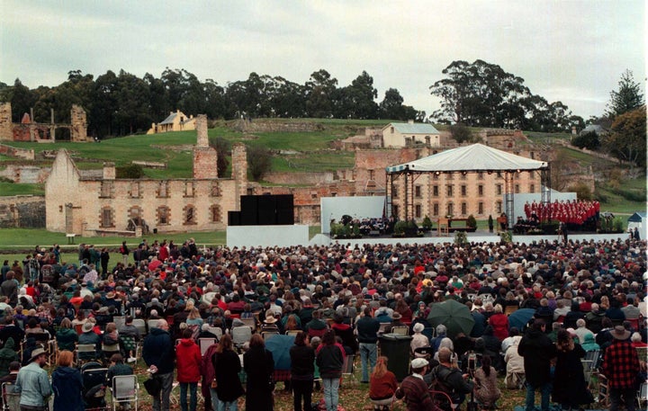 A memorial service is held May 19, 1996, at the Port Arthur historic site in Tasmania for the 35 victims of a mass shooting.