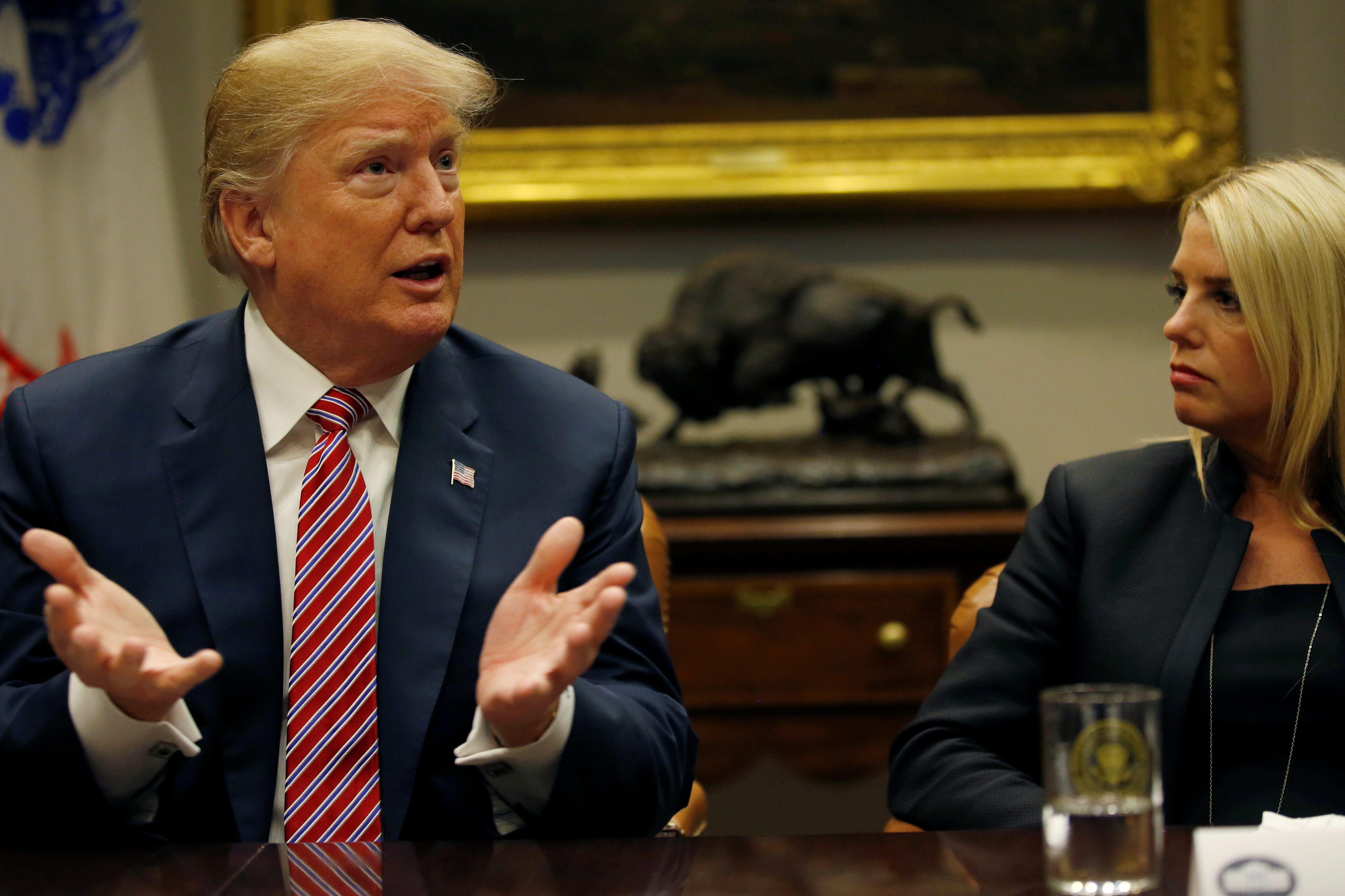 <strong>The revelation came after US President Donald Trump, pictured above with Attorney General Pam Bondi, suggested&nbsp;school gun violence could be abated by arming teachers</strong>