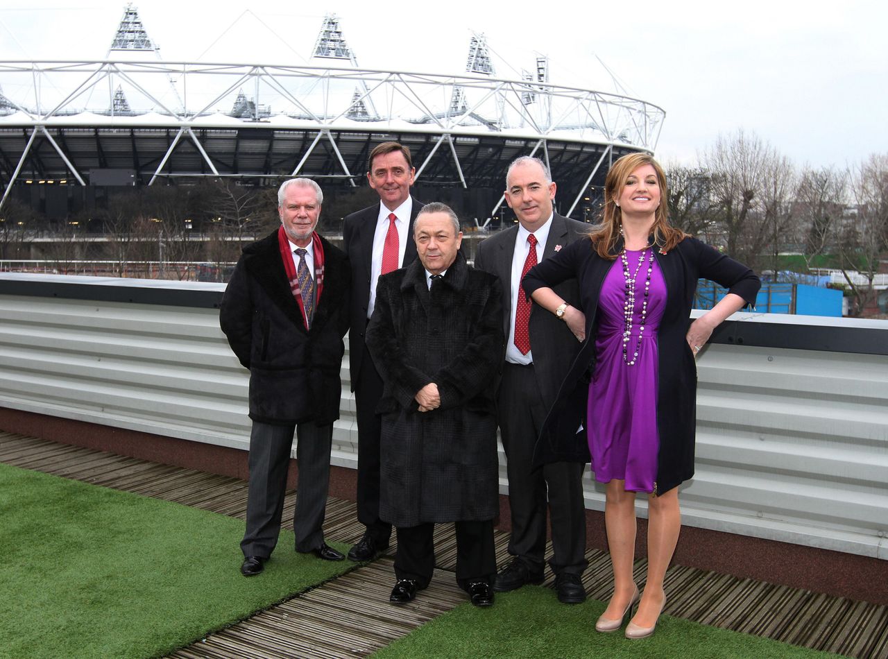 Sir Robin Wales (second left) with West ham vice chairman Karren Brady outside the London Stadium