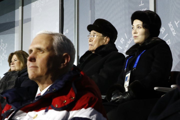 Kim Yo Jong, top right, sister of North Korean leader Kim Jong Un, sits alongside Kim Yong Nam, president of the Presidium of North Korean Parliament, and behind U.S. Vice President Mike Pence as she watches the opening ceremony of the 2018 Winter Olympics on February 9, 2018.