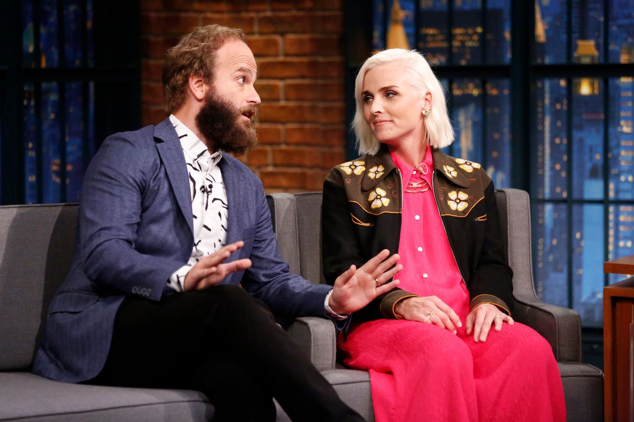 Ben Sinclair and Katja Blichfeld during an interview with Seth Meyers in 2016.