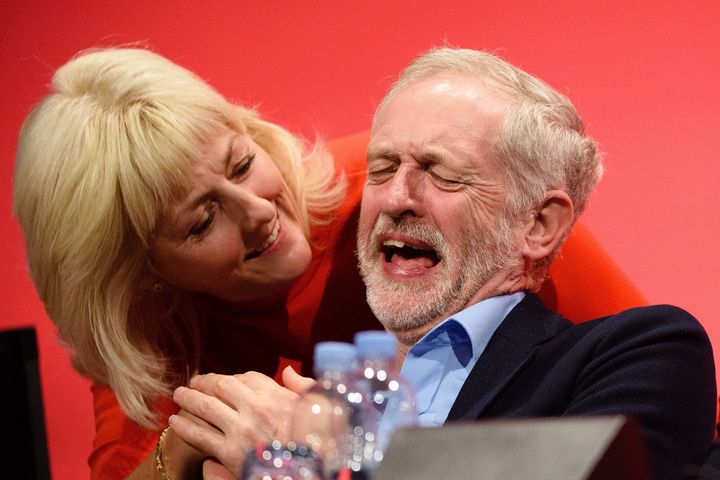 Jennie Formby jokes with Jeremy Corbyn at the 2015 Labour conference.