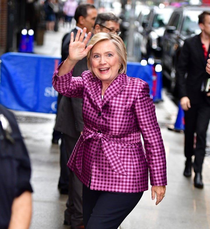 Hillary Clinton wearing Argent for an appearance on "The Late Show with Stephen Colbert" in September 2017. 