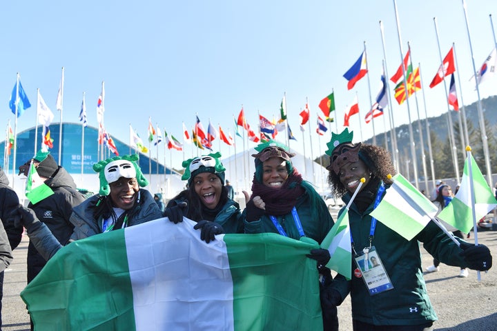 Nigeria's women's bobsleigh and skeleton team members Seun Adigun, Ngozi Onwumere, Akuoma Omeoga and Simidele Adeagbo.