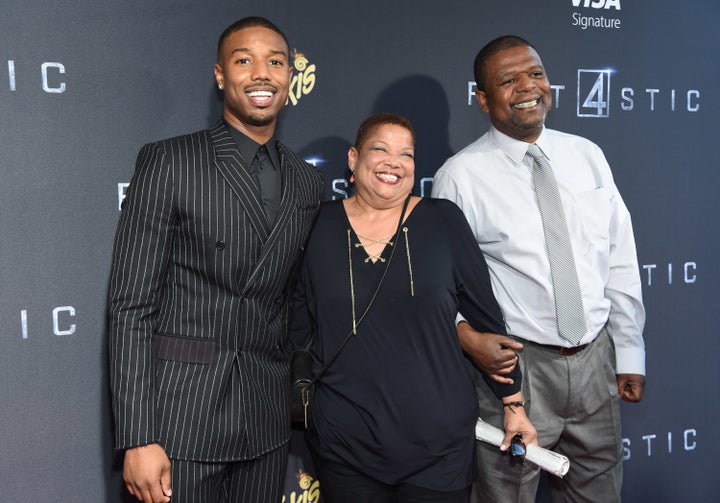 Michael B. Jordan poses with his parents Donna and Michael B. Jordan at the New York premiere of 'Fantastic Four