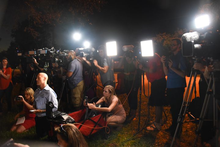 Members of the media attend a briefing at the Broward Health North Hospital, where victims of a Feb. 14 shooting at Marjory Stoneman Douglas High School in Parkland, Florida, were treated.