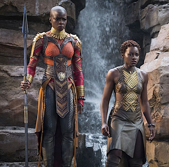 Some of the island inspiration can be see on Okoye, Danai Gurira's character on the left.