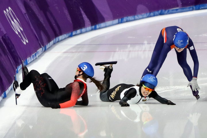 In Semifinal 2 for Ladies' Speed Skating on Feb. 24, Canada's Ivanie Blondin, Japan's Ayano Sato and the Netherlands' Annouk Van Der Weijden collide on the ice. Van der Weijden recovered and qualified for the final.